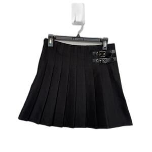 Womens black‎ flare out pleated, schoolgirl miniskirt with buckle design.